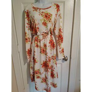 Reborn J Floral Red‎ white Long-Sleeve Blouson Midi Dress W Pockets L